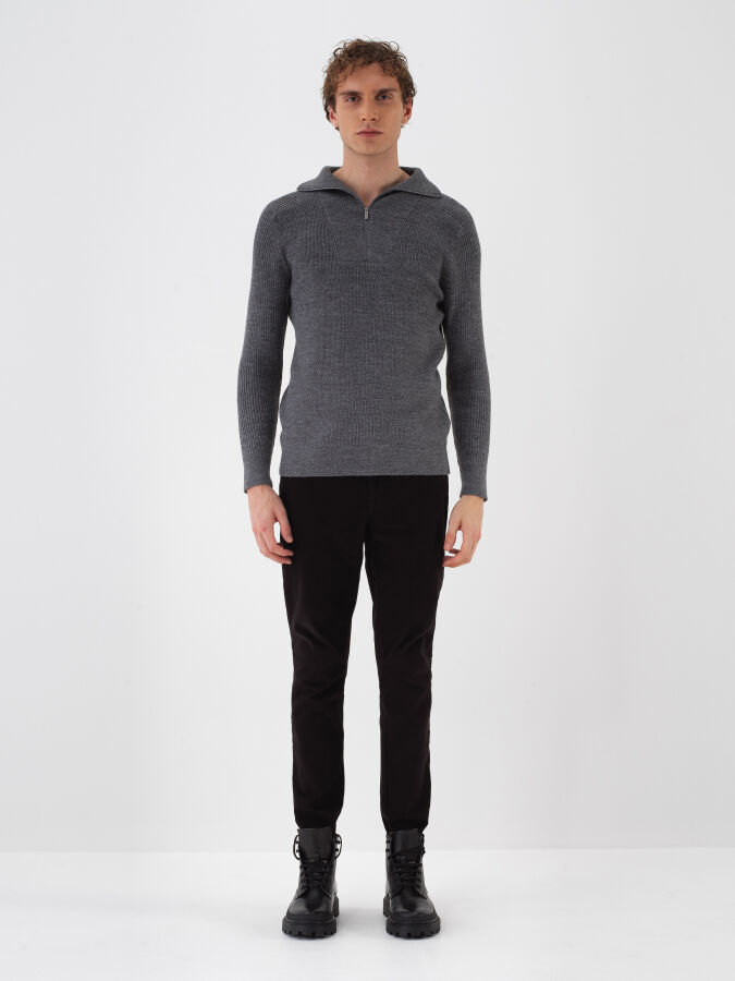 Antrasit Doğal Yün Dokulu Regular Fit Kazak - Xint