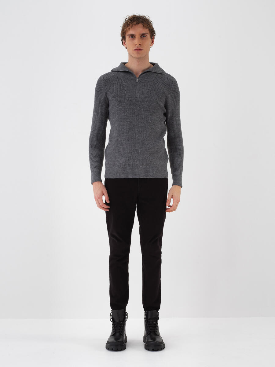 Antrasit Doğal Yün Dokulu Regular Fit Kazak - 2