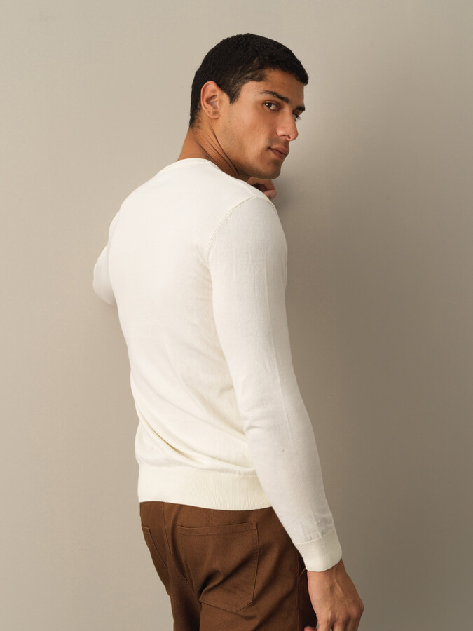 Ekru Pamuk Dokulu Regular Fit Basic Kazak - Xint