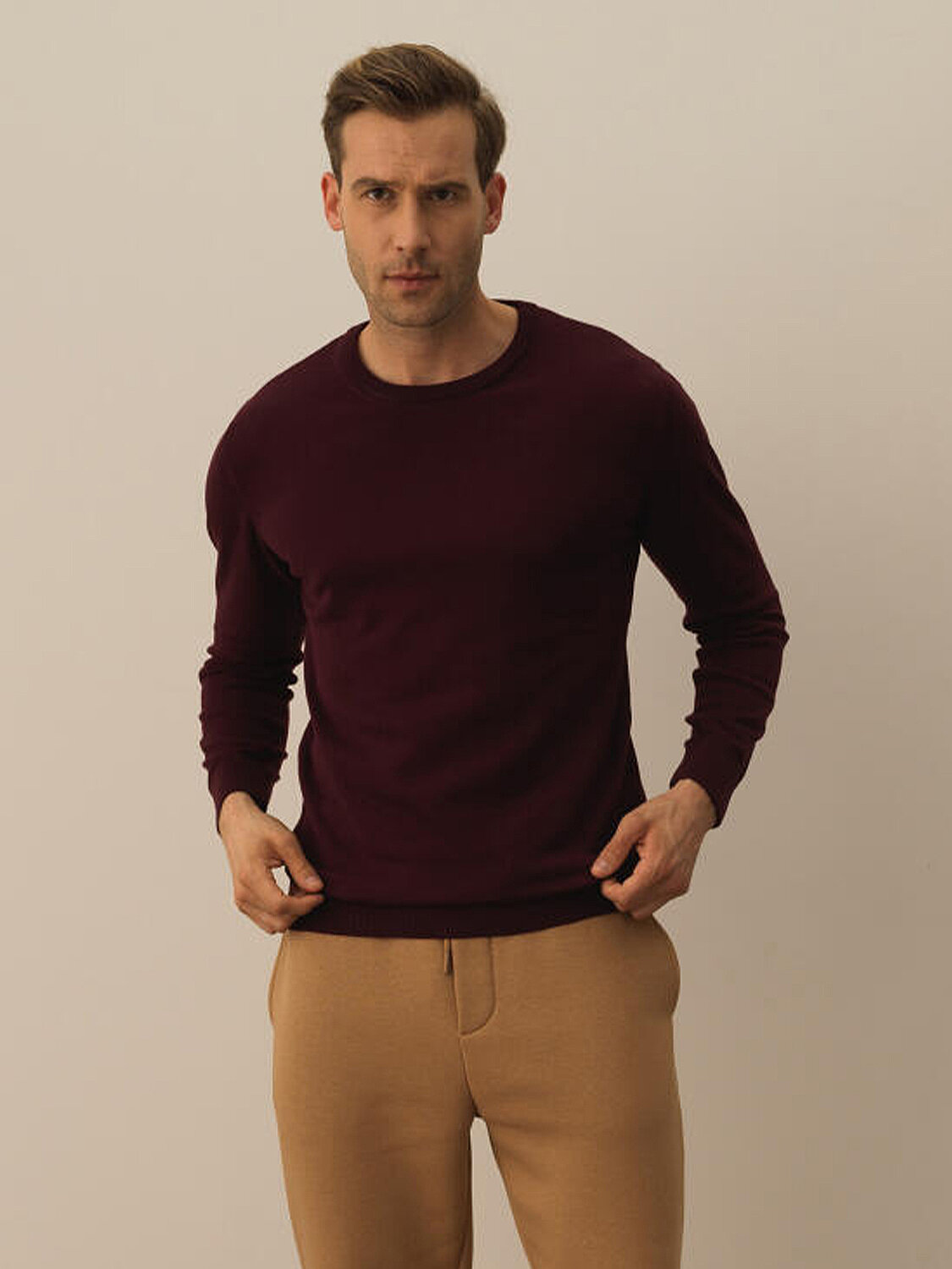 Bordo Regular Fit Bisiklet Yaka Pamuklu Kazak - 1