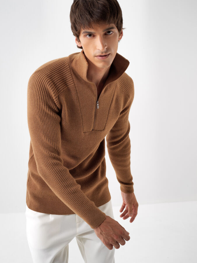 Camel Doğal Yün Dokulu Regular Fit Kazak - Xint