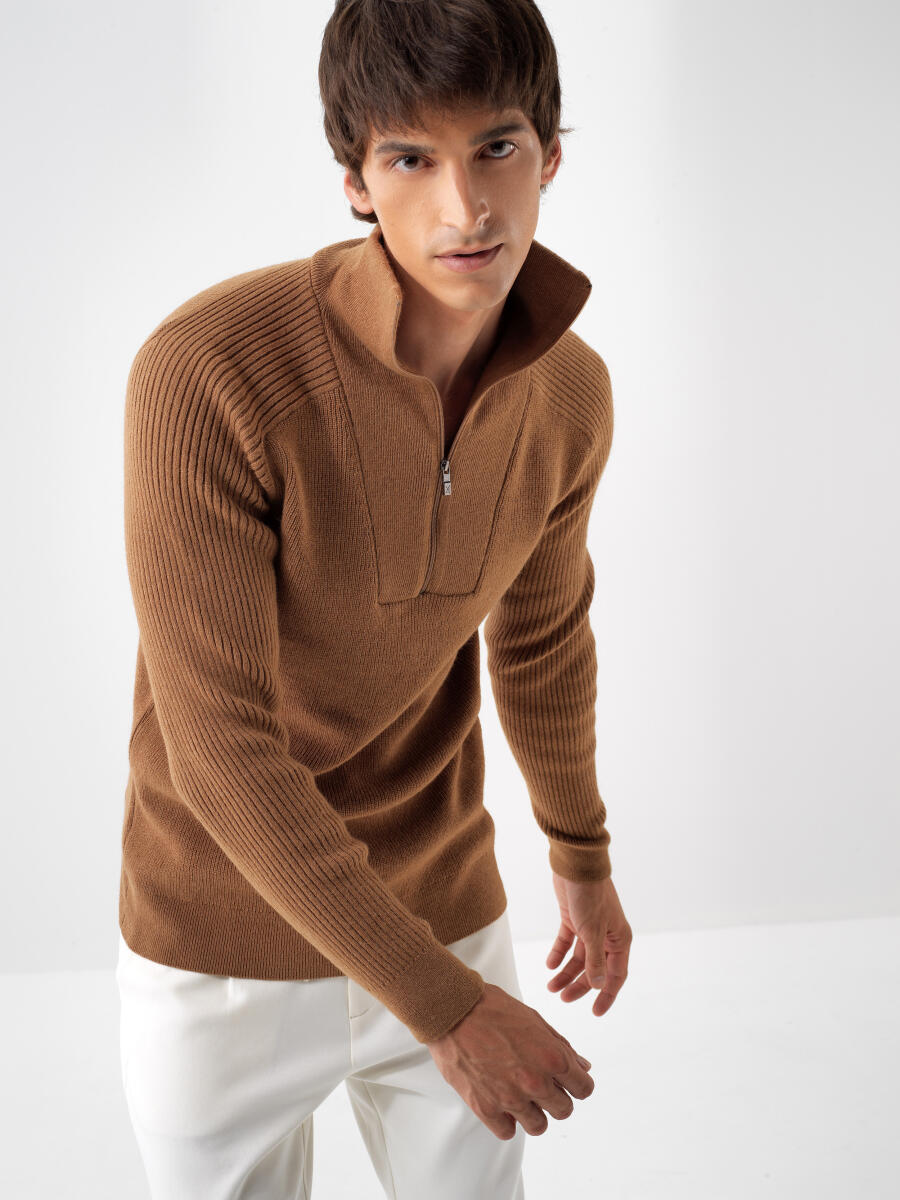 Camel Doğal Yün Dokulu Regular Fit Kazak