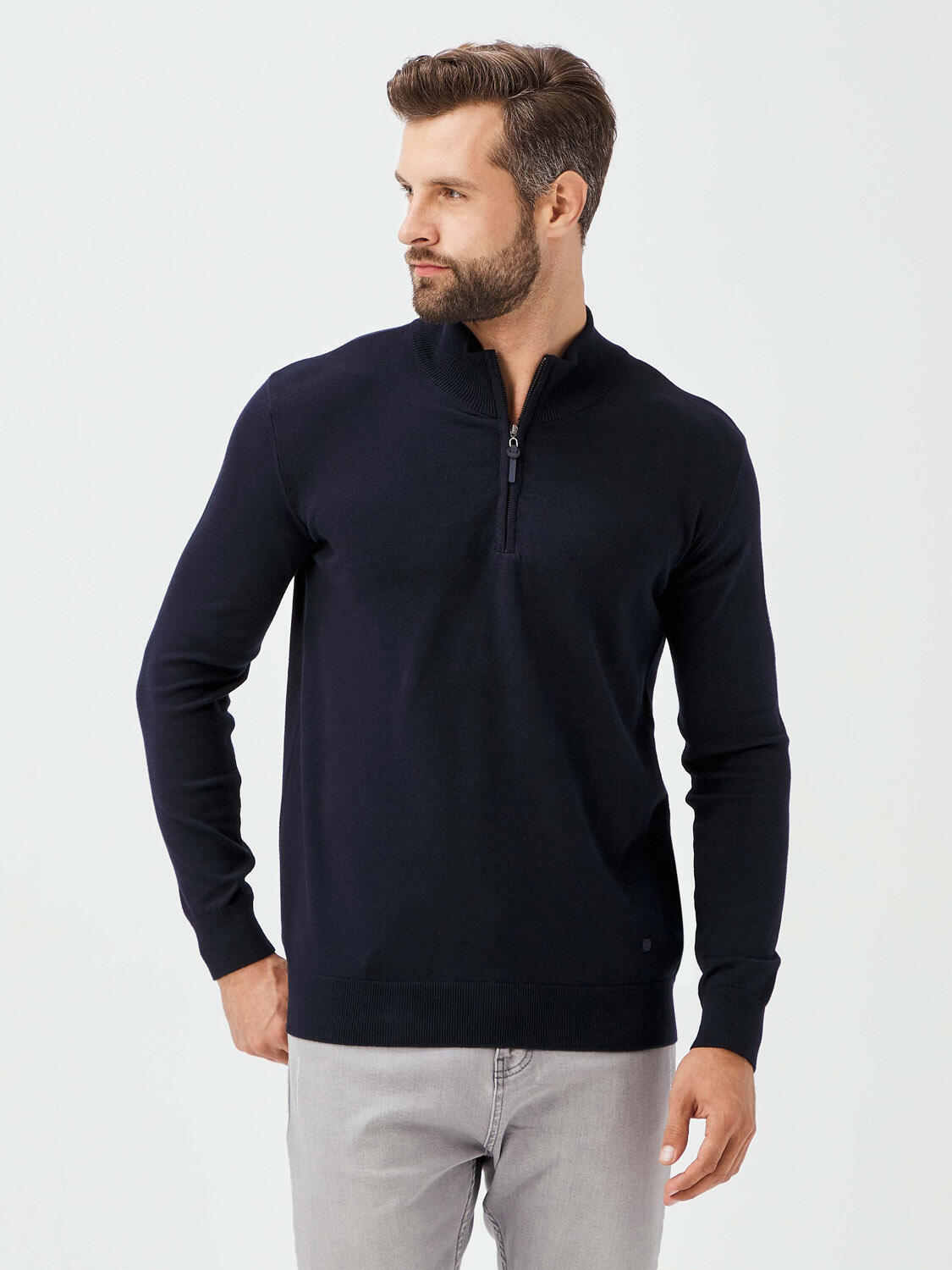Dik Yaka Fermuarlı Pamuklu Slim Fit Basic Kazak