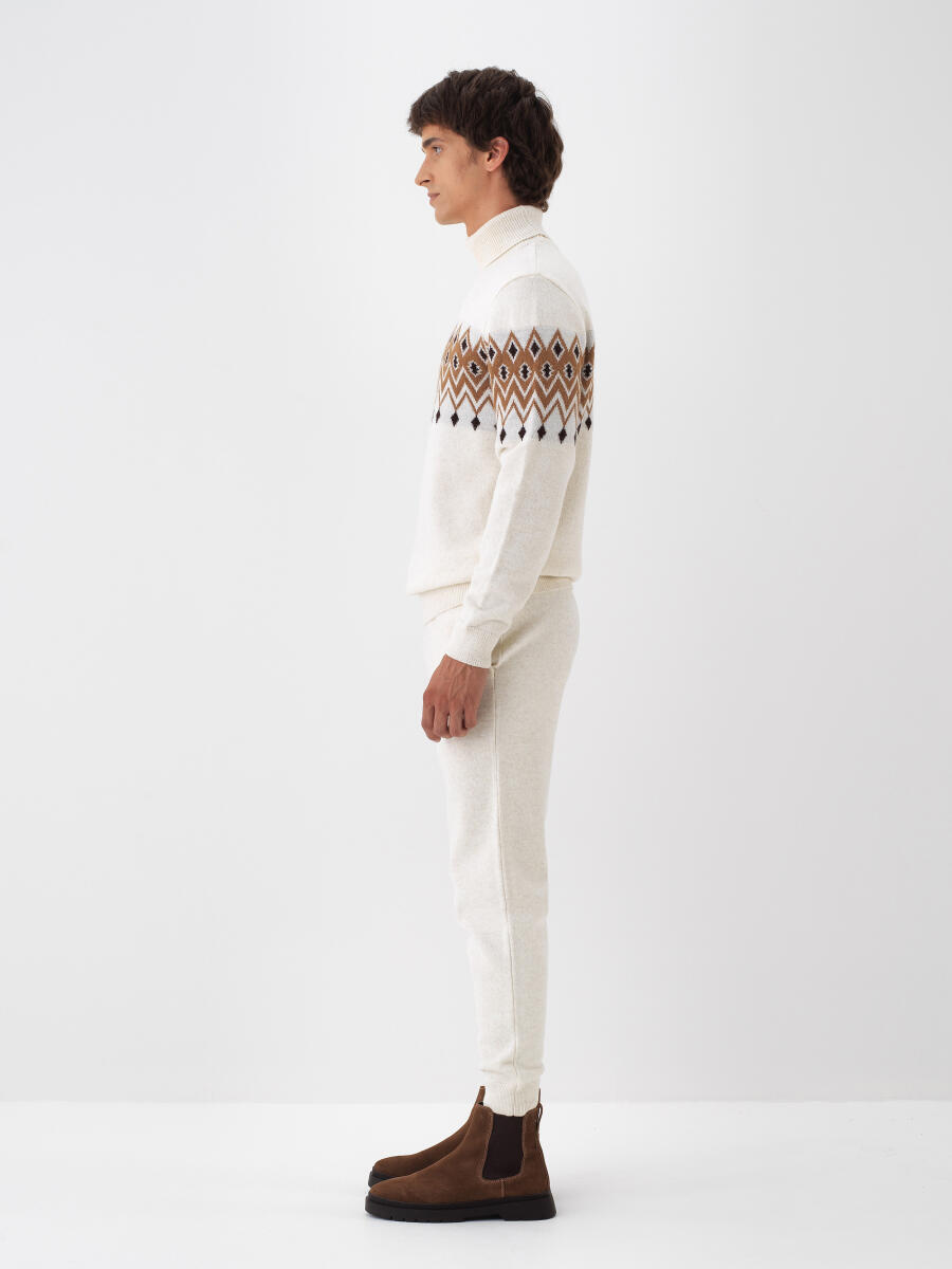 Ekru Doğal Yün Dokulu Regular Fit Kazak - 3