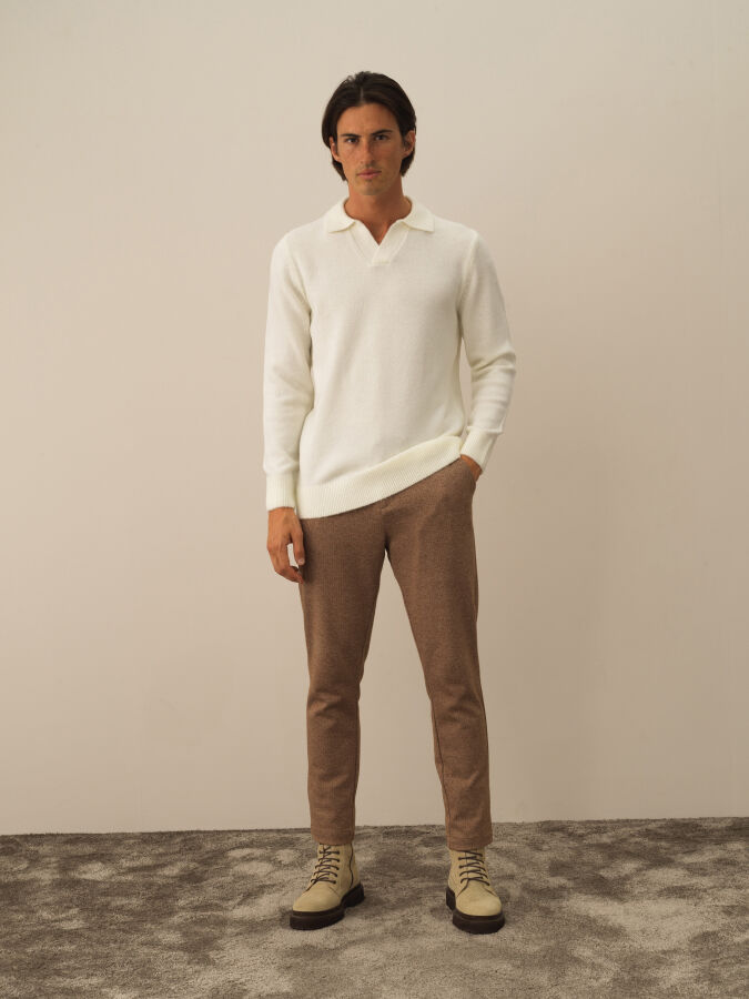 Ekru Lüks Pamuk Dokulu Regular Fit Kazak - Xint