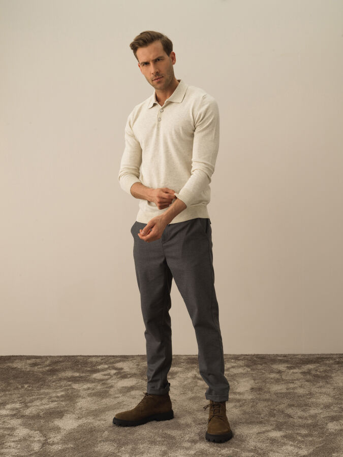 Ekru Regular Fit Polo Yaka Pamuklu Kazak - 2