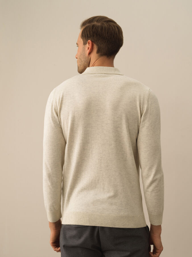 Ekru Regular Fit Polo Yaka Pamuklu Kazak - 3