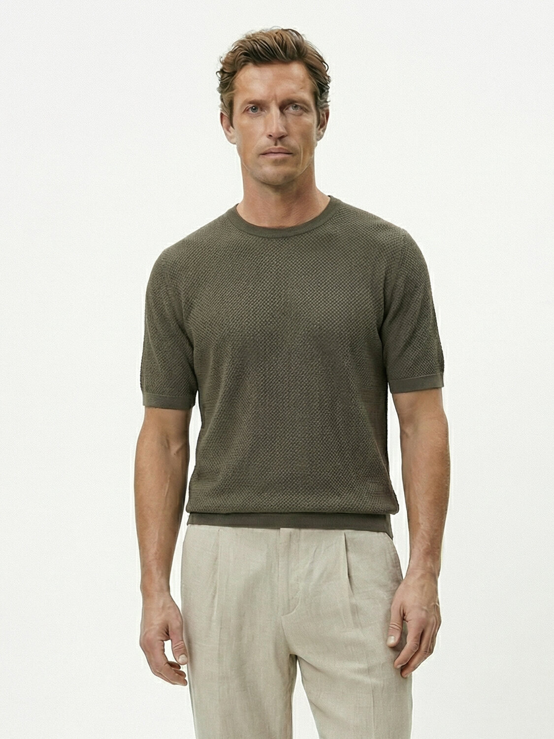 Haki Keten Karışımlı Oversize Kazak