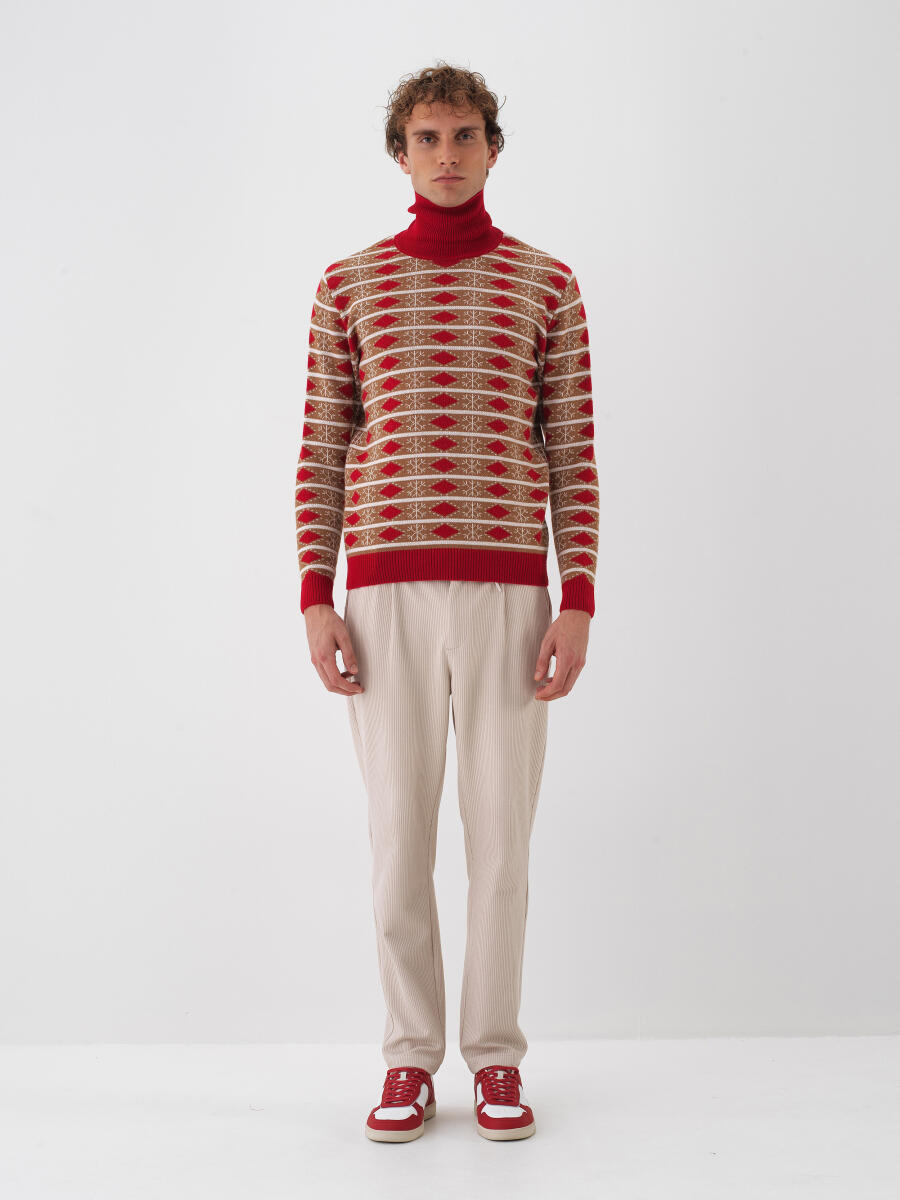 Kırmızı Doğal Yün Dokulu Regular Fit Kazak - 2