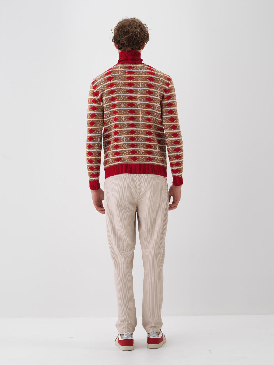 Kırmızı Doğal Yün Dokulu Regular Fit Kazak - 4