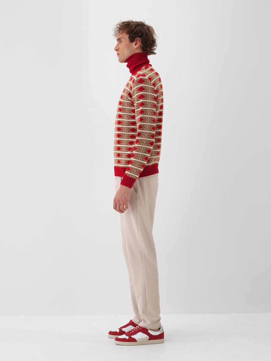 Kırmızı Doğal Yün Dokulu Regular Fit Kazak - 5