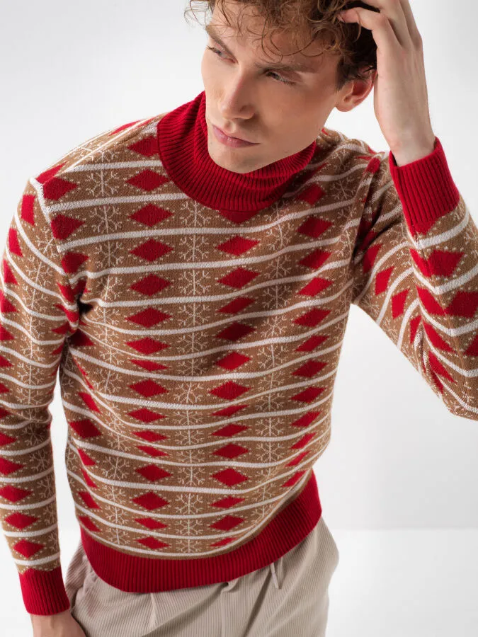 Kırmızı Doğal Yün Dokulu Regular Fit Kazak - Xint