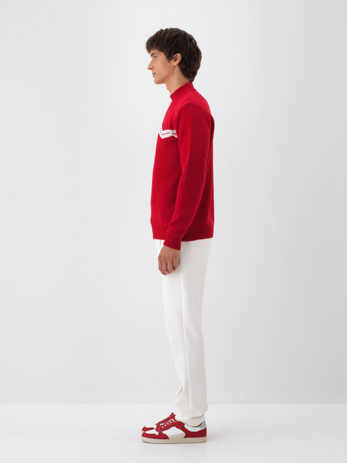 Kırmızı Doğal Yün Dokulu Regular Fit Kazak - Xint