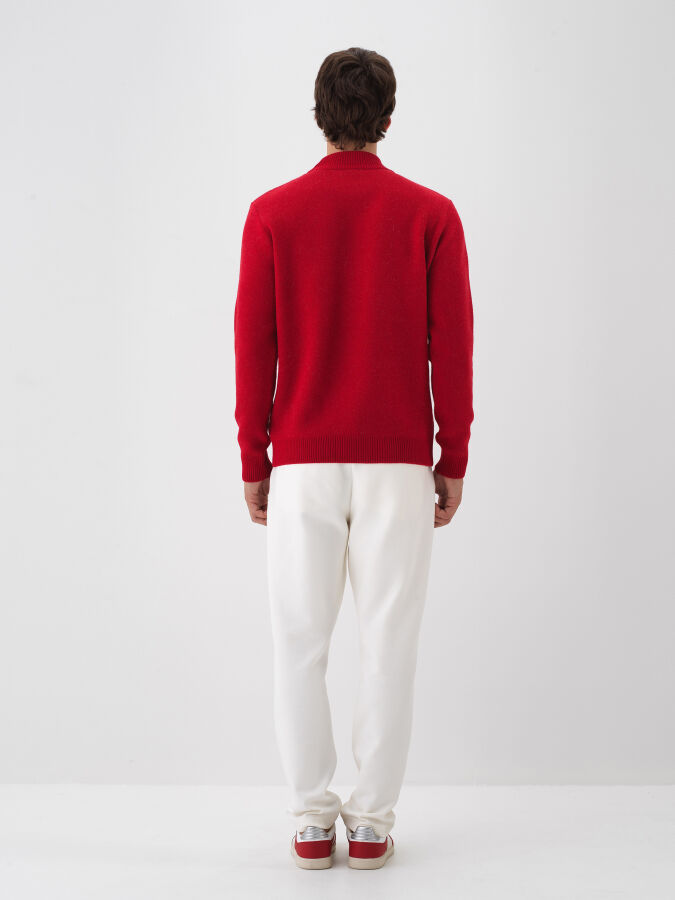 Kırmızı Doğal Yün Dokulu Regular Fit Kazak - Xint