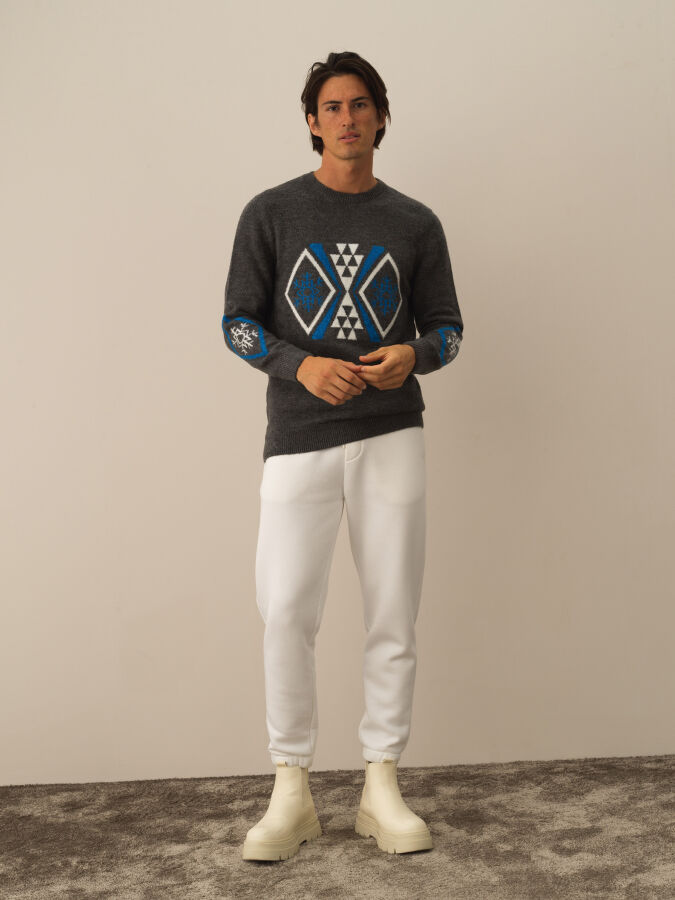 Koyu Gri Dokulu Lüks Pamuk Dokulu Regular Fit Kazak - Xint