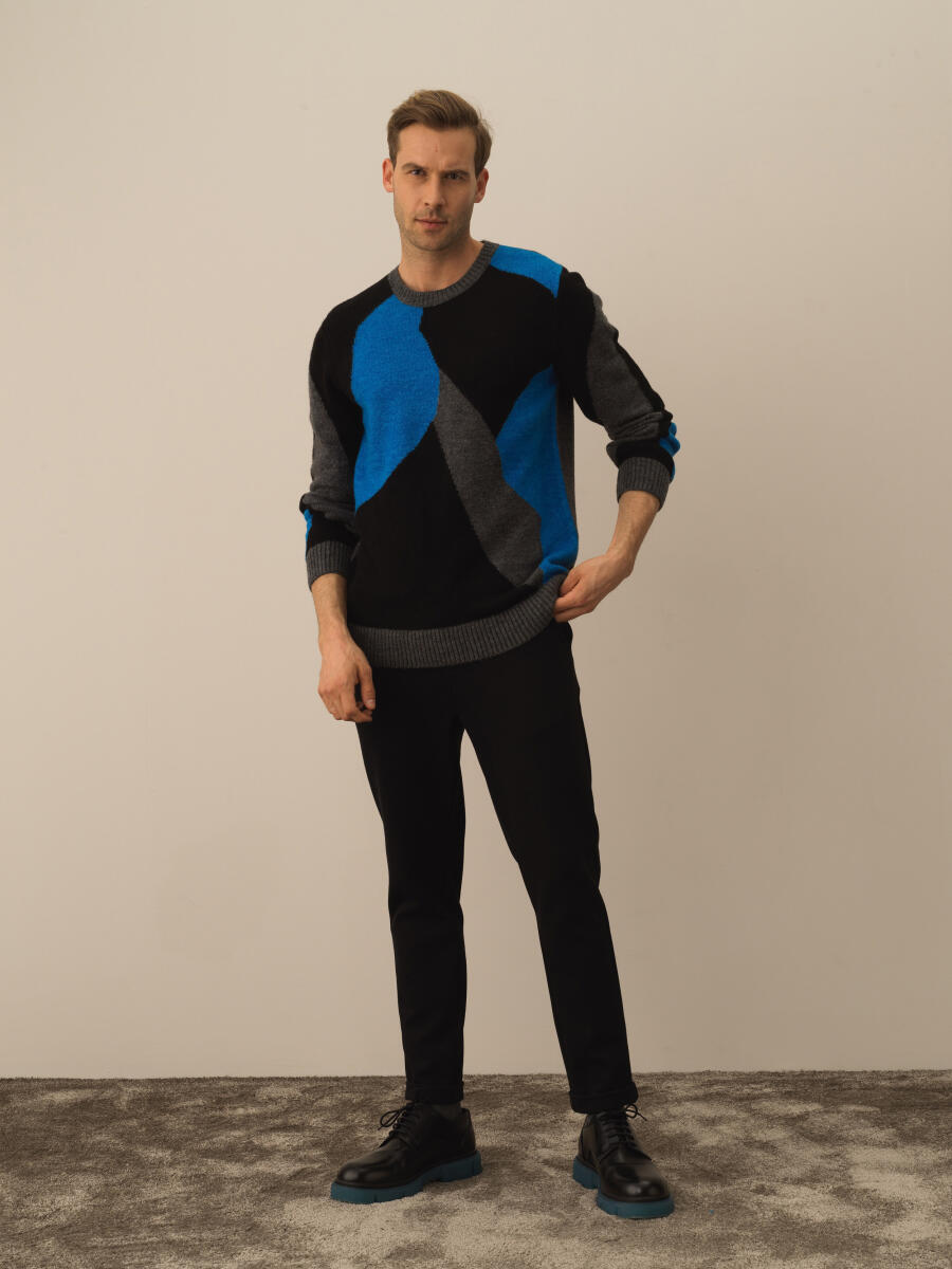 Koyu Gri Dokulu Lüks Pamuk Dokulu Regular Fit Kazak - 2