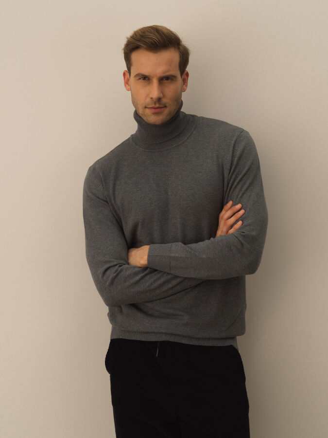 Koyu Gri Dokulu Pamuk Dokulu Regular Fit Kazak - Xint