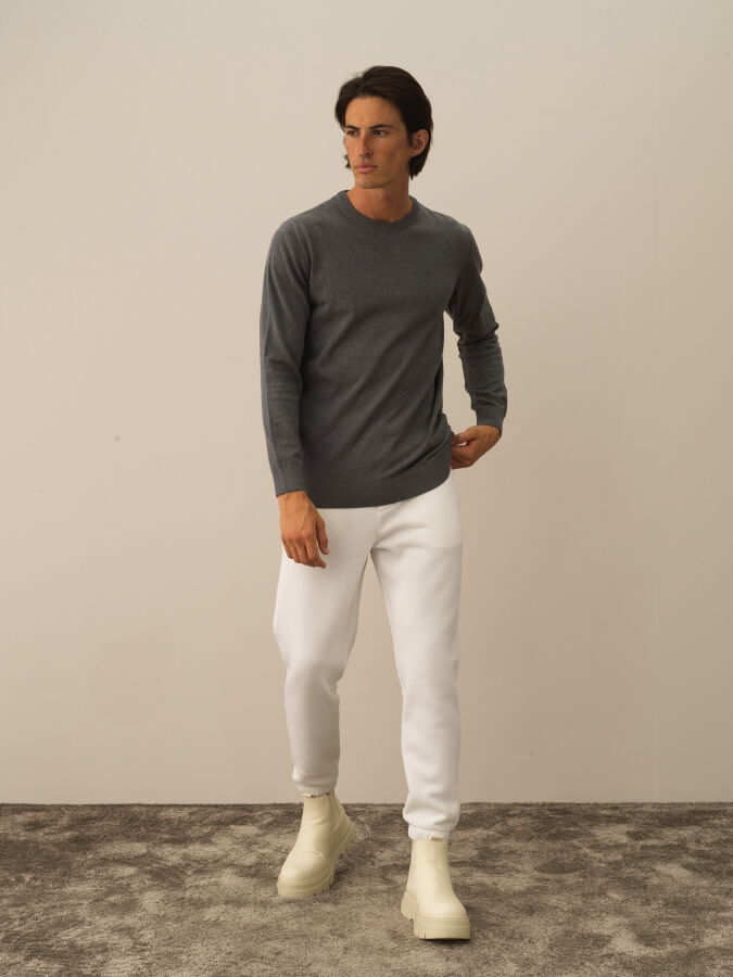 Gri Regular Fit Bisiklet Yaka Pamuklu Kazak - 2