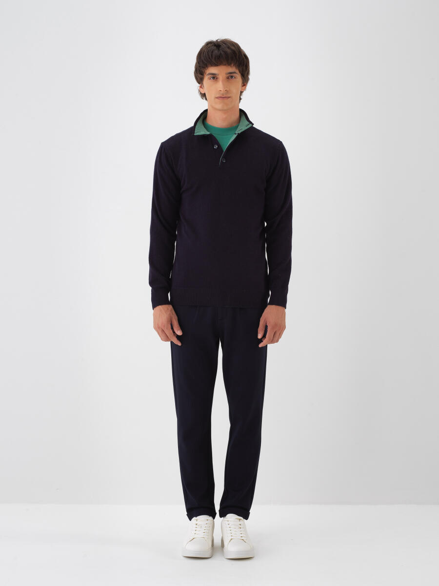 Lacivert Doğal Yün Dokulu Regular Fit Kazak - 2