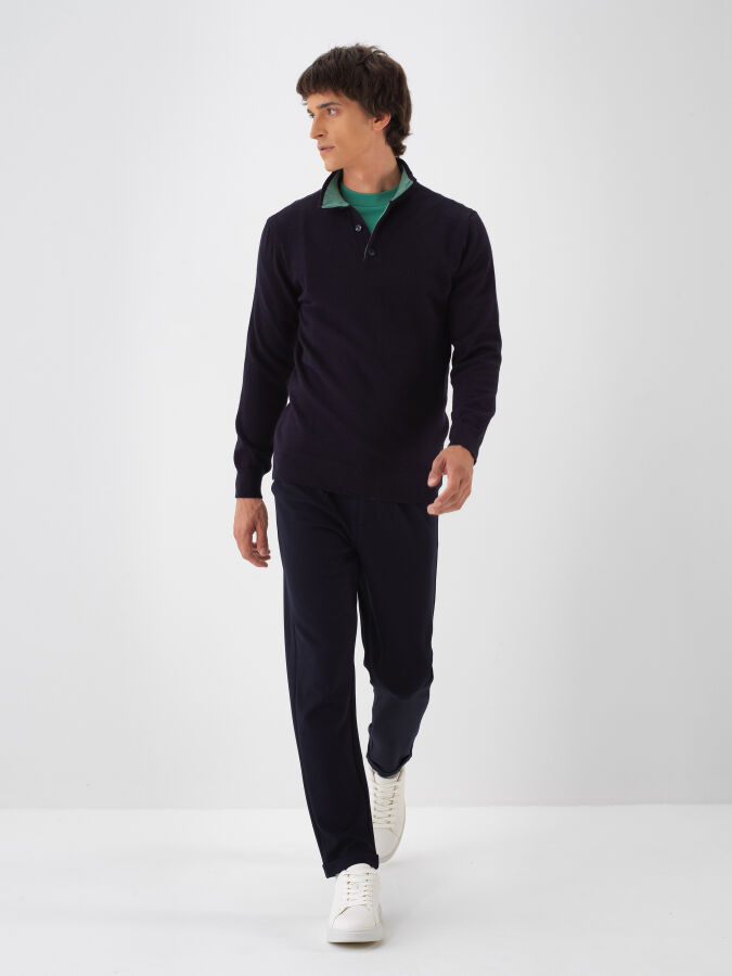 Lacivert Doğal Yün Dokulu Regular Fit Kazak - Xint