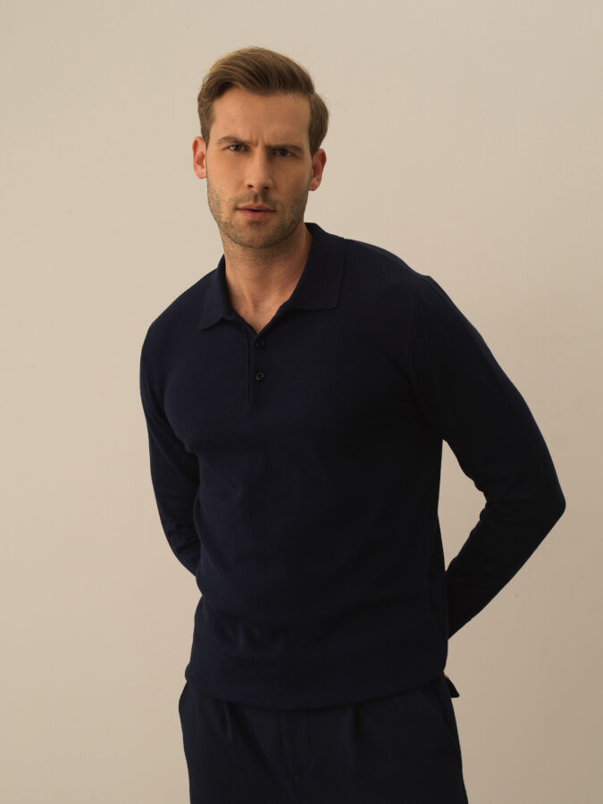 Lacivert Regular Fit Polo Yaka Pamuklu Kazak - 1