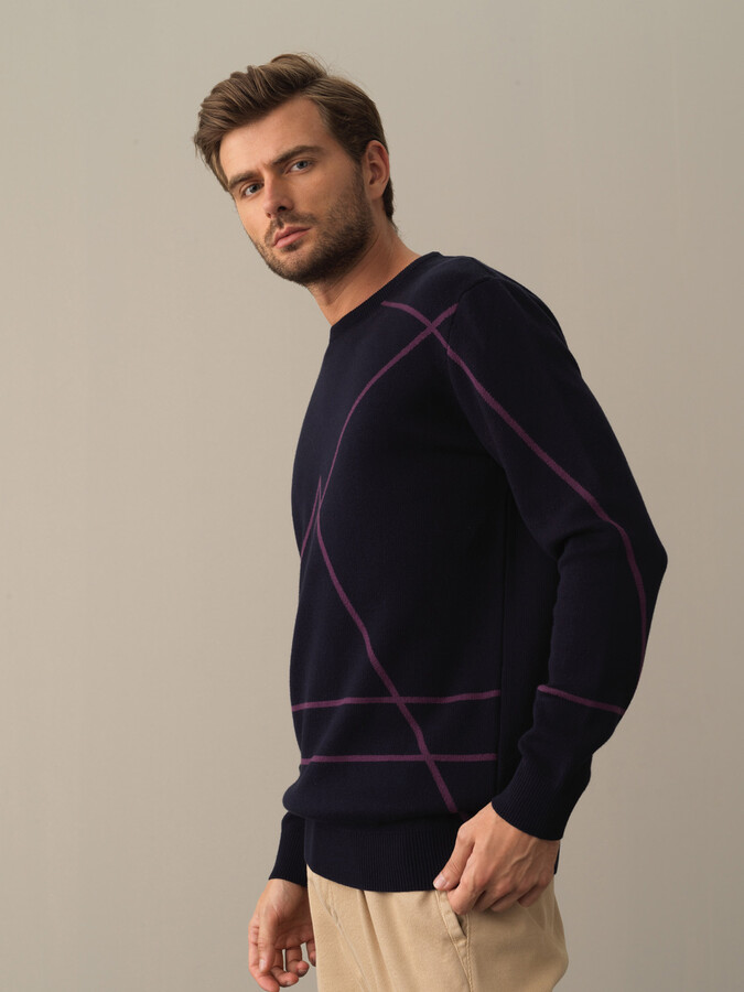 Lacivert Regular Fit Bisiklet Yaka Pamuklu Kazak - 1