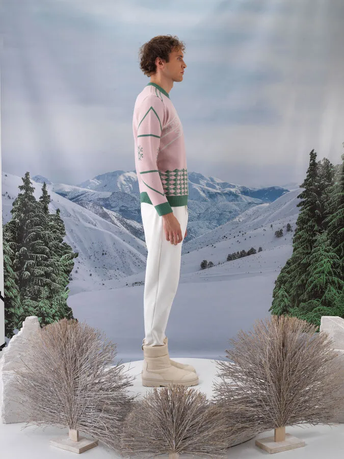 Pembe Doğal Yün Dokulu Regular Fit Kazak - Xint