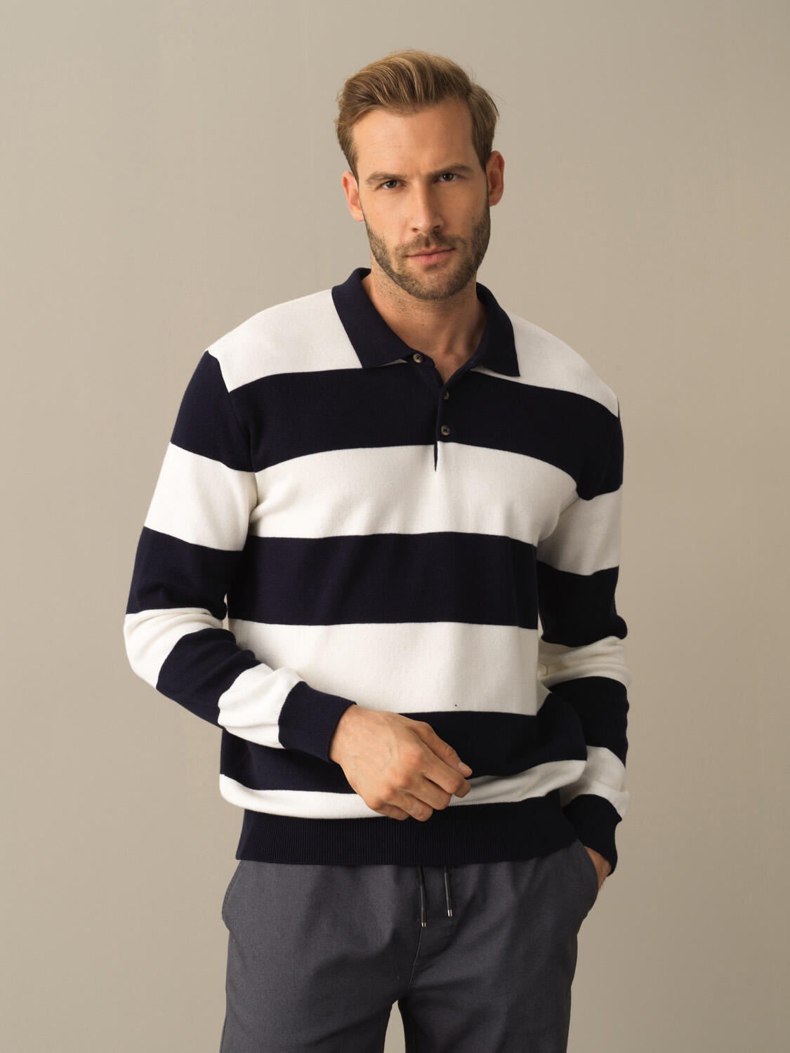 Lacivert Pamuk Dokulu Regular Fit Polo Kazak 