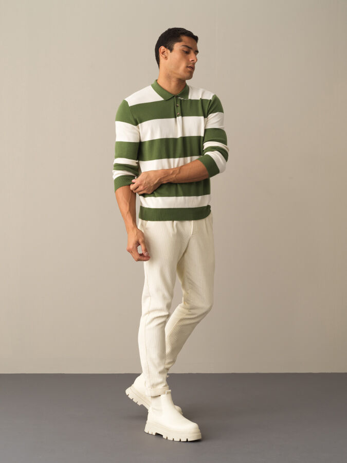 Yeşil Pamuk Dokulu Regular Fit Polo Kazak - Xint