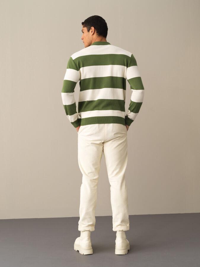 Yeşil Pamuk Dokulu Regular Fit Polo Kazak - Xint