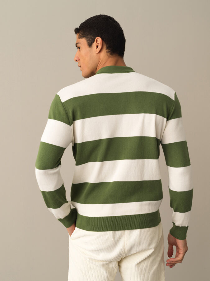 Yeşil Pamuk Dokulu Regular Fit Polo Kazak - Xint