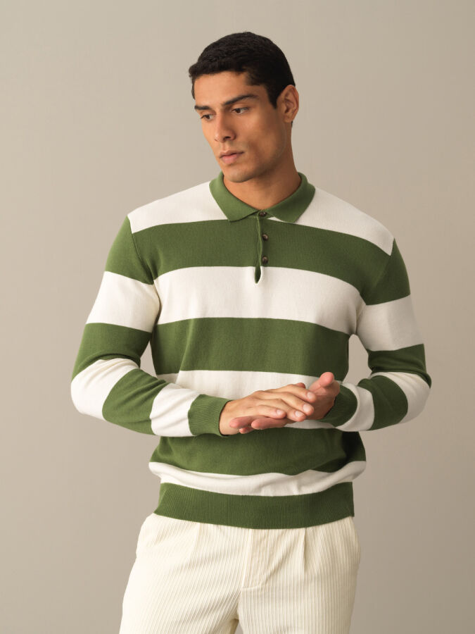 Yeşil Pamuk Dokulu Regular Fit Polo Kazak - Xint