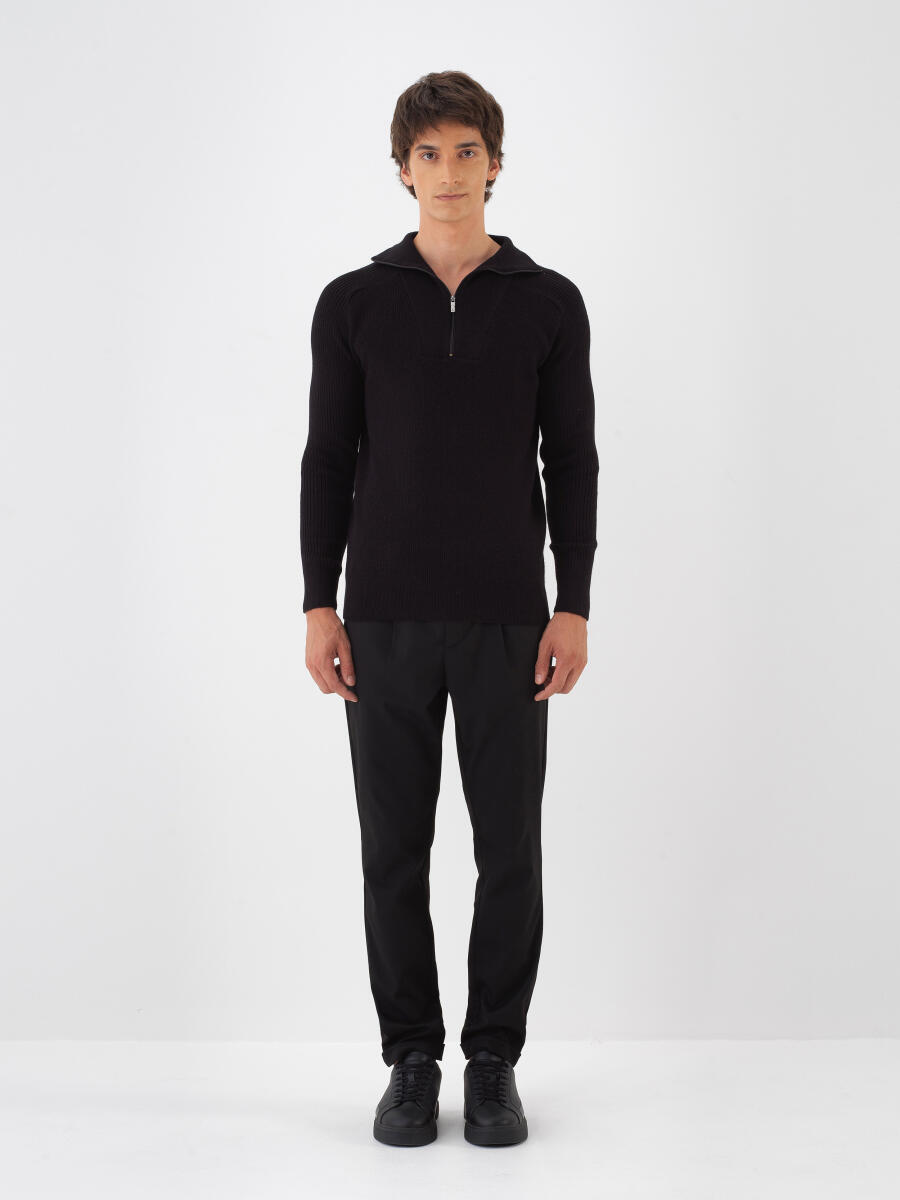 Siyah Doğal Yün Dokulu Regular Fit Kazak - 2