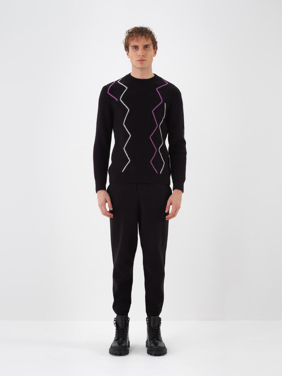 Siyah Doğal Yün Dokulu Regular Fit Kazak - 5