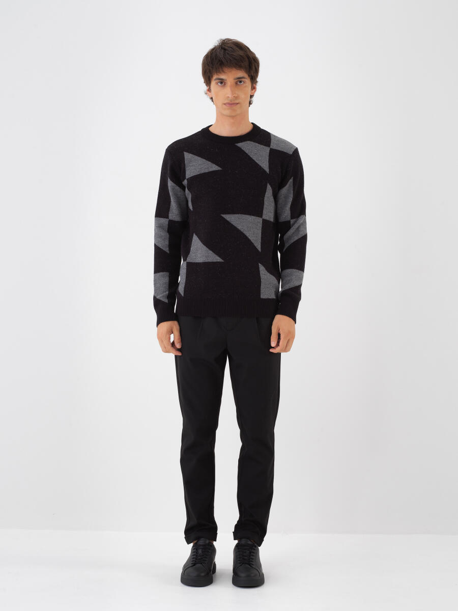 Siyah Doğal Yün Dokulu Regular Fit Kazak - 2