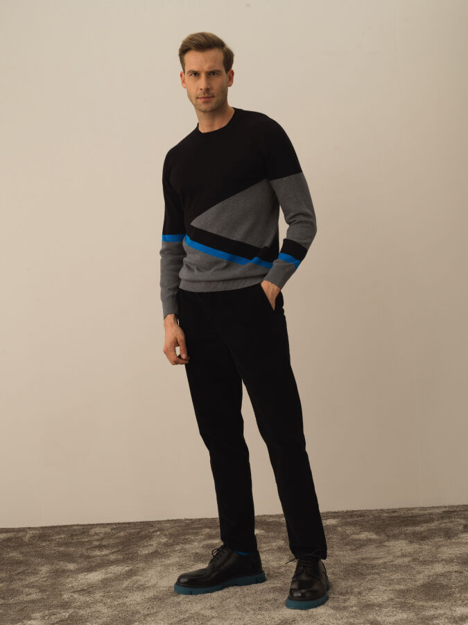 Siyah Regular Fit Bisiklet Yaka Pamuk Kazak - 2