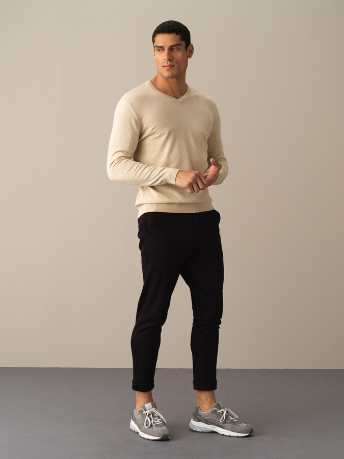Bej Regular Fit Açık V Yaka Pamuklu Kazak - 2