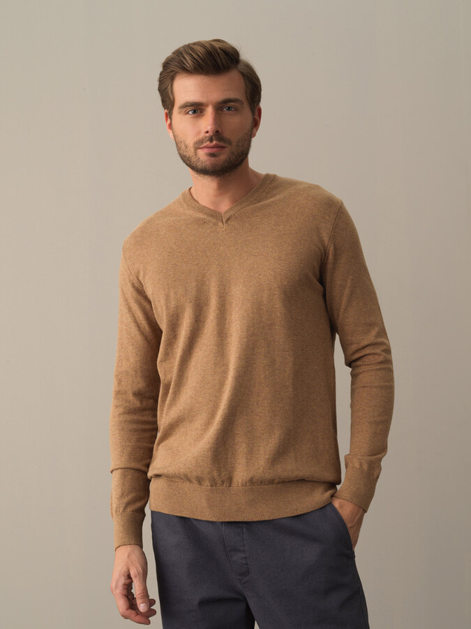 Camel Regular Fit Açık V Yaka Pamuklu Kazak - 1