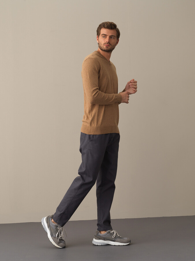 Camel Regular Fit Açık V Yaka Pamuklu Kazak - 4
