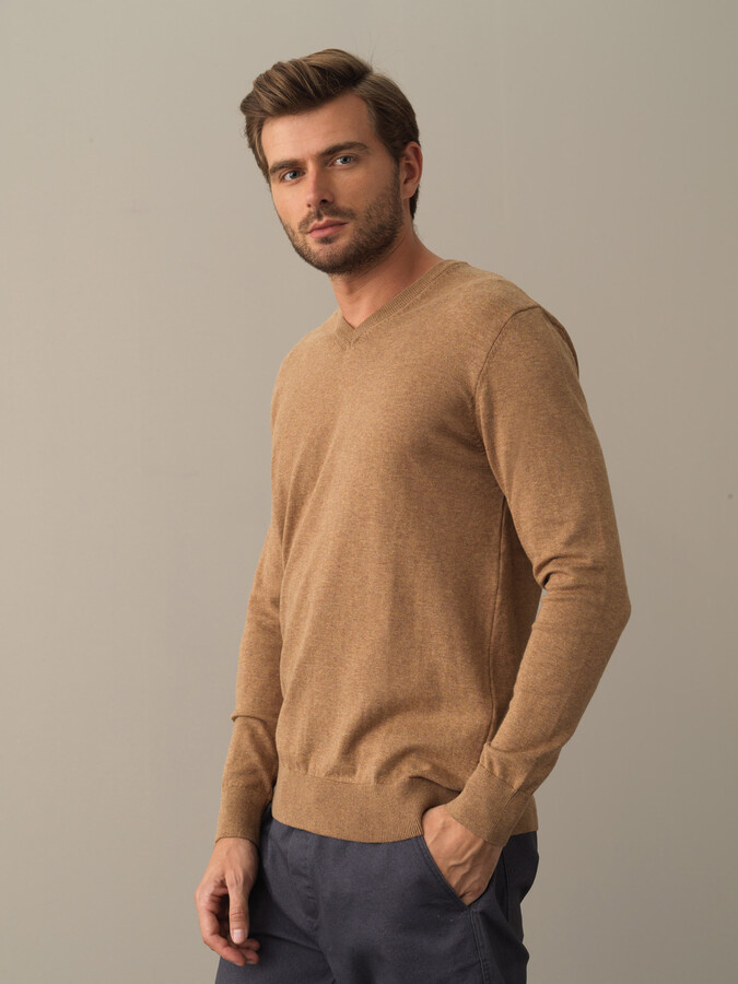 Camel Regular Fit Açık V Yaka Pamuklu Kazak - 2