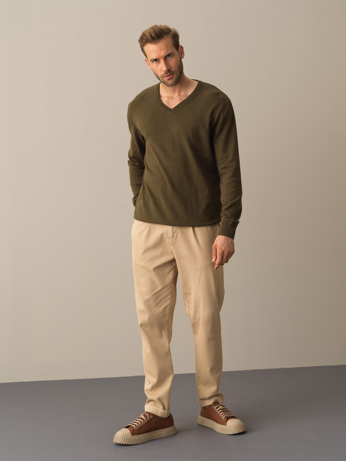 Haki Pamuk Dokulu Regular Fit Kazak - Xint