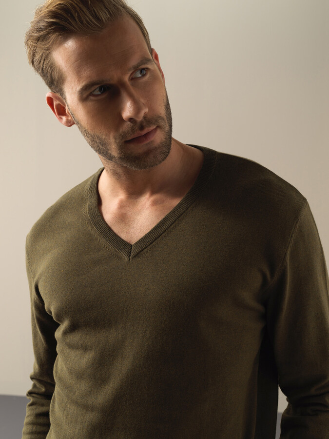 Haki Pamuk Dokulu Regular Fit Kazak - Xint