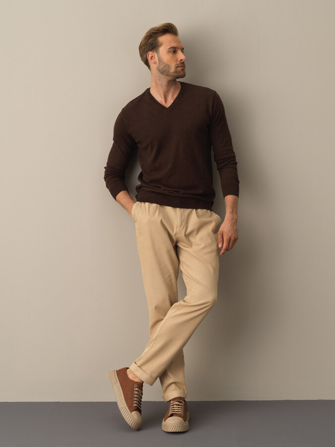 Kahverengi Pamuk Dokulu Regular Fit Kazak - Xint