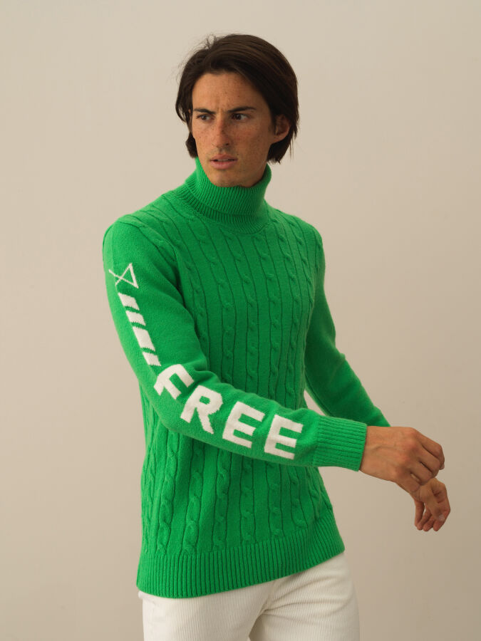 Yeşil Doğal Yün Dokulu Regular Fit Kazak - Xint