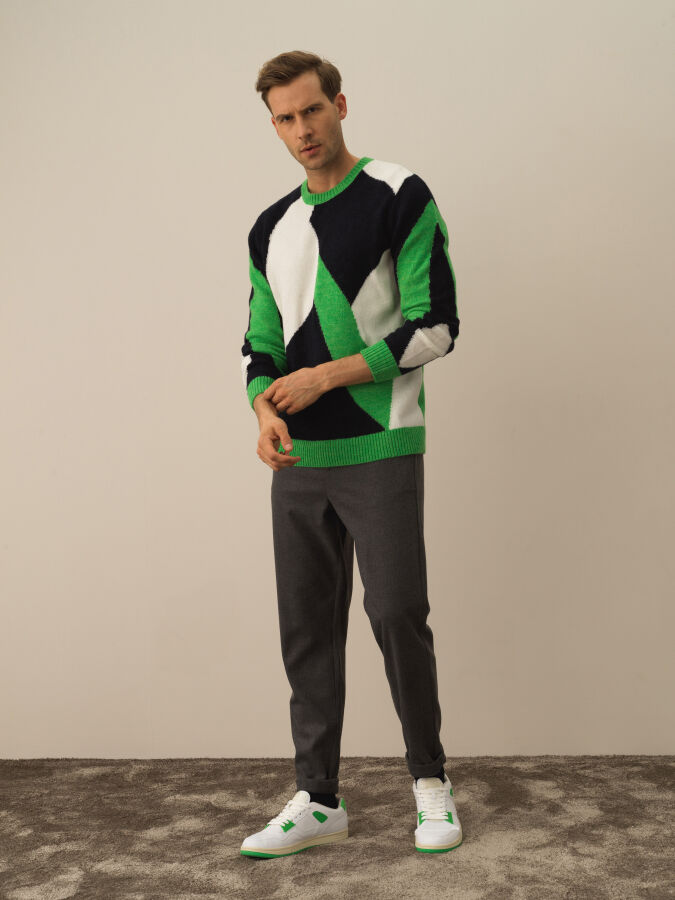 Yeşil Regular Fit Bisiklet Yaka Kazak - 2