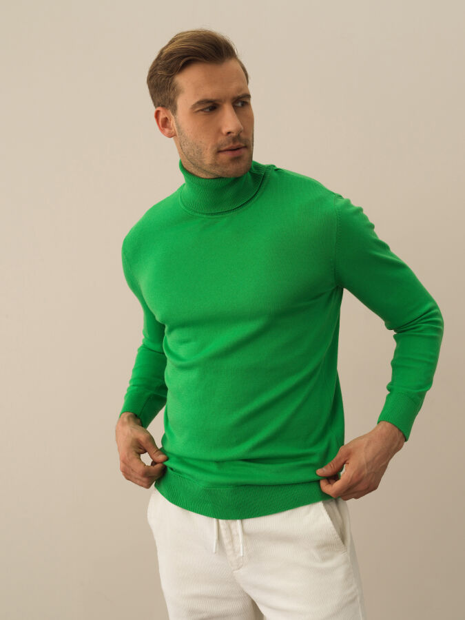 Yeşil Pamuk Dokulu Regular Fit Kazak - Xint