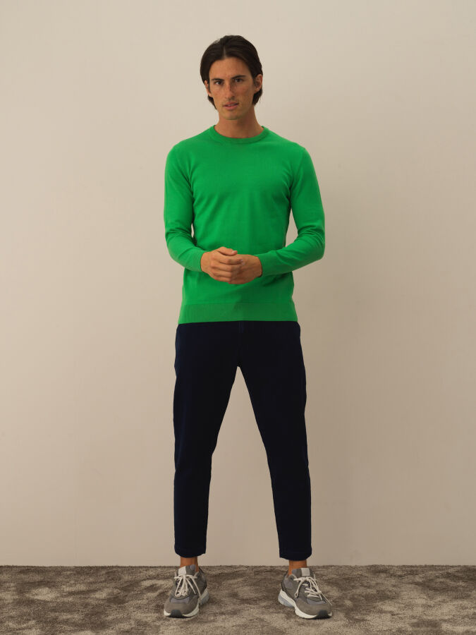 Yeşil Pamuk Dokulu Regular Fit Kazak - Xint