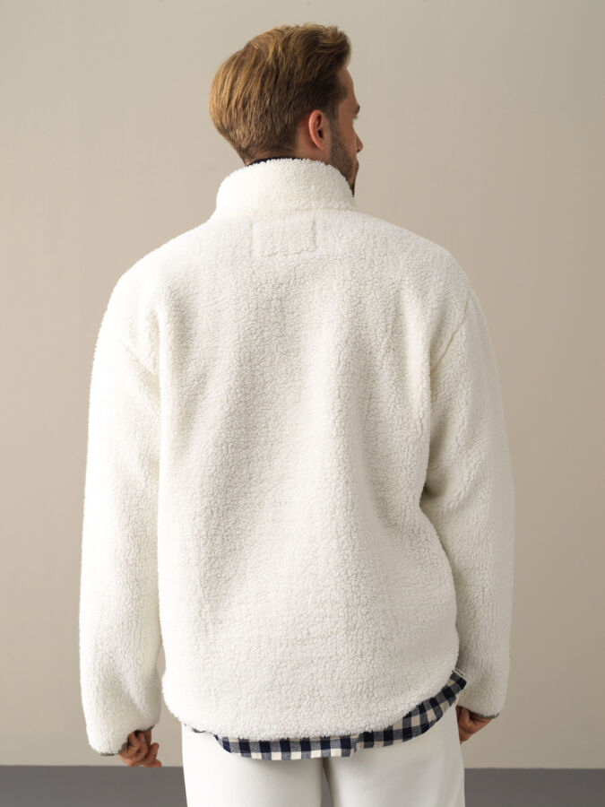 Ekru Oversize Dik Yaka Kuzu Mont - 4