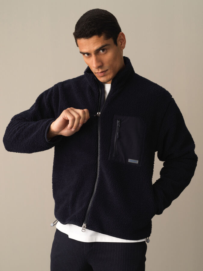 Lacivert Oversize Dik Yaka Kuzu Mont