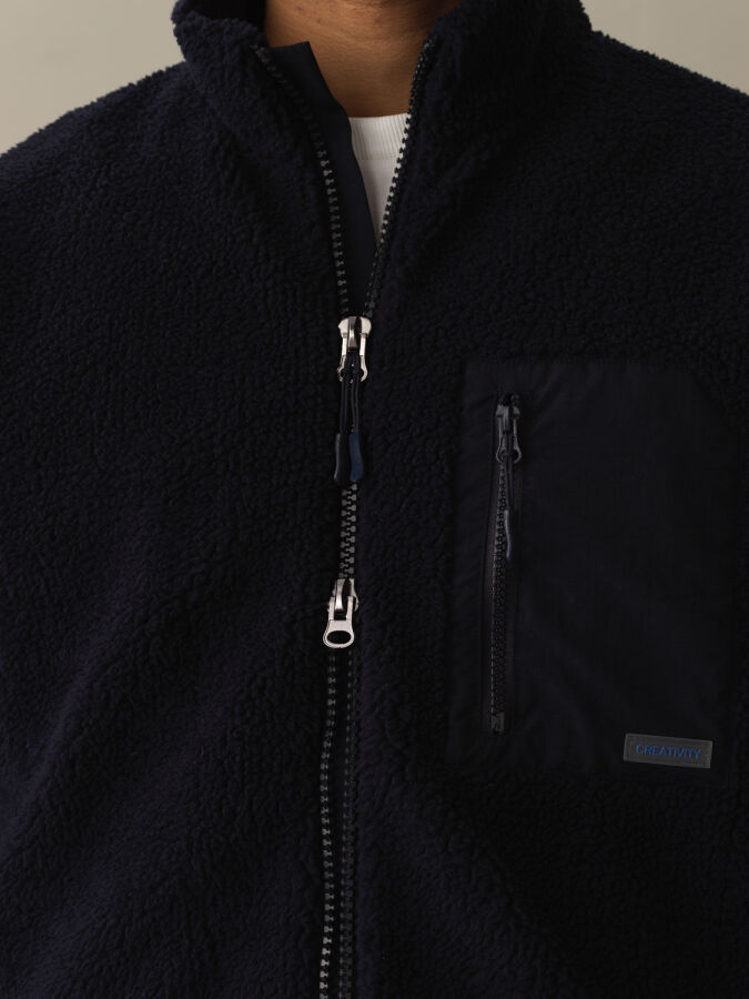 Lacivert Oversize Dik Yaka Kuzu Mont (1)